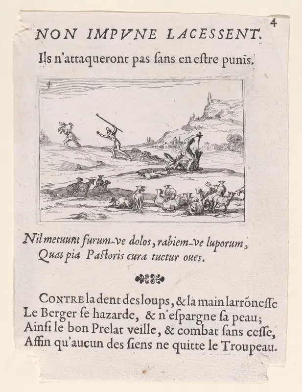 Les Bergers Défendant leur Troupeau (The Shepherds Defending their Herd), plate 4 from "Lux Claustri ou La Lumière du Cloitre" (The Light of the Cloisters) Wall Art by Jacques Callot - High-Resolution Digital Print