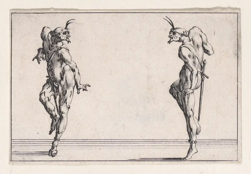 Les Deux Pantalons se Regardant (Men in Pantsuits Looking at Each Other), from Les Caprices Series A, The Florence Set Wall Art by Jacques Callot - High-Resolution Digital Print