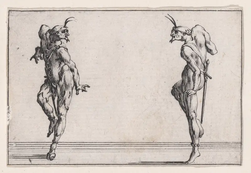 Les Deux Pantalons se Regardant (Men in Pantsuits Looking at Each Other), from "Les Caprices" Series A, The Florence Set Wall Art by Jacques Callot - High-Resolution Digital Print