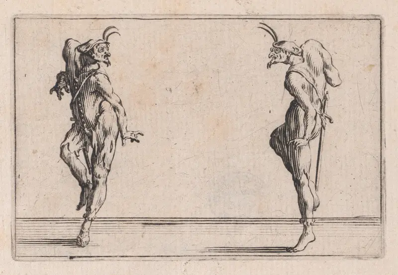 Les Deux Pantalons se Regardant (Two Men in Pantsuits Looking at Each Other), from "Les Caprices" Series B, The Nancy Set Wall Art by Jacques Callot - High-Resolution Digital Print