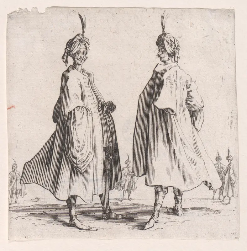 Les Deux Turcs Coiffés d'un Turban Avec un Aigrette (Two Turks Wearing Turbans with an Egret Feather), from "Varie Figure" (Various Figures) Wall Art by Jacques Callot - High-Resolution Digital Print