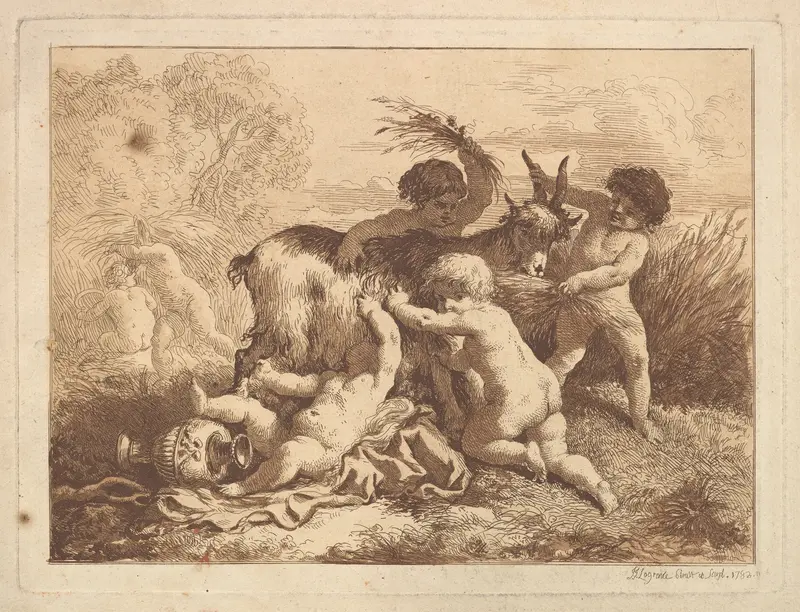 Les petits moissonneurs et la chevre (The Young Harvesters and the Goat), in an album containing Recueil de Compositions par Lagrenée Le Jeune (Collection of Compositions by Lagrenée the Younger) Wall Art by Jean Jacques Lagrenée - High-Resolution Digital Print