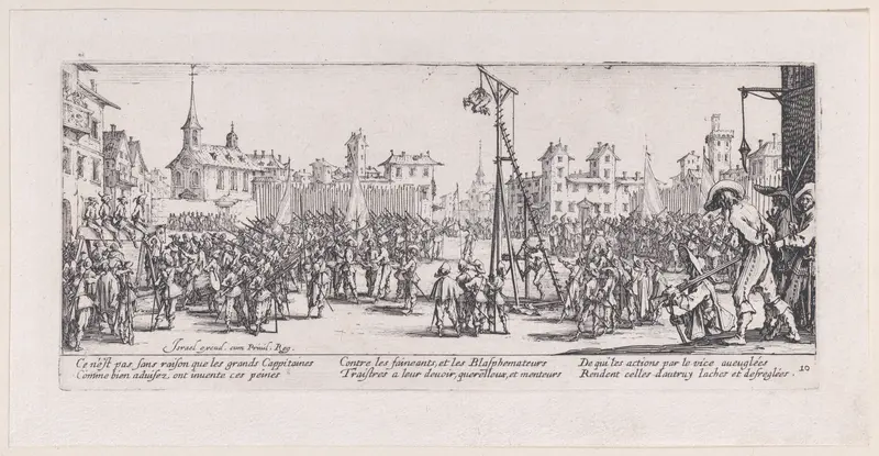 L'Estrapade (The Strappado), plate 10 from "Les Misères et les Mal-Heures de la Guerre" (The Miseries and Misfortunes of War) Wall Art by Jacques Callot - High-Resolution Digital Print