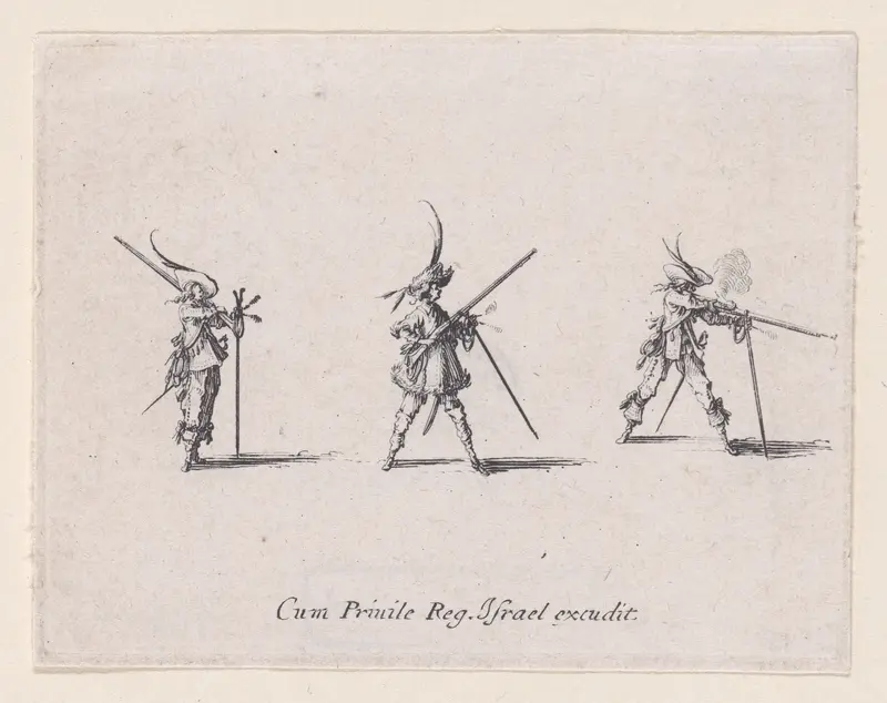 L'Exercice de L'Arquebuse: Le Tir (Drill of the Arquebus: Shooting), from "Les Exercices Militaires" (The Military Exercises) Wall Art by Jacques Callot - High-Resolution Digital Print