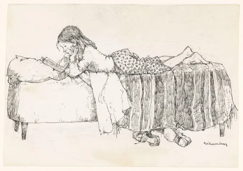 Lezend meisje op bed Wall Art by Unknown - High-Resolution Digital Print