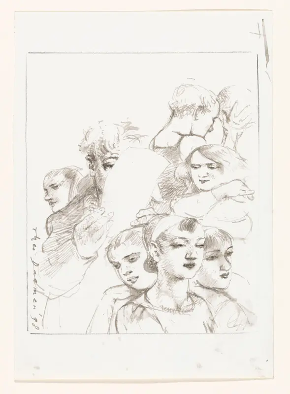 Lezende man, een jongen met een bal en vijf meisjes Wall Art by Unknown - High-Resolution Digital Print
