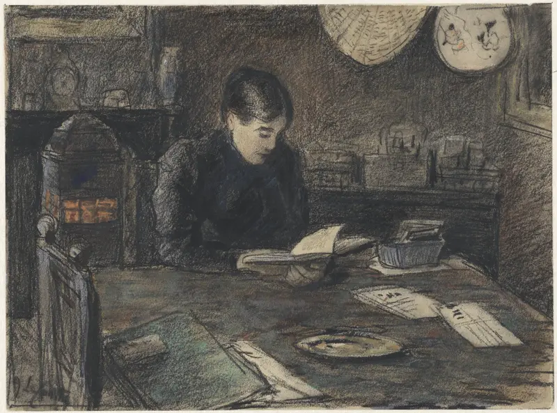Lezende vrouw aan een tafel Wall Art by Adolf le Comte - High-Resolution Digital Print
