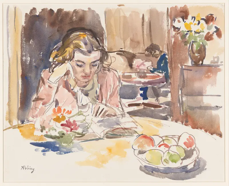 Lezende vrouw aan tafel in interieur Wall Art by Unknown - High-Resolution Digital Print
