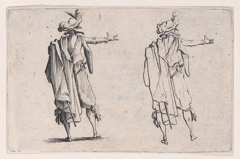 L'Homme Vu de Dos, La Main Droite Tendue (Man Viewed from Behind, Right Hand Extended), from Les Caprices Series B, The Nancy Set Wall Art by Jacques Callot - High-Resolution Digital Print