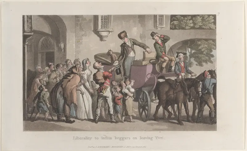 Liberality to infirm beggars on leaving Yrvi, from "Journal of Sentimental Travels in the Southern Provinces of France, Shortly Before the Revolution" Wall Art by Thomas Rowlandson - High-Resolution Digital Print