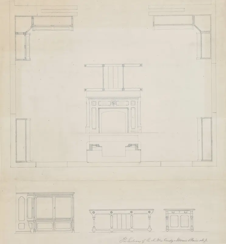 Library for R.A. McCurdy, Morris Plaines, New Jersey, Elevations of Mantel and Furniture