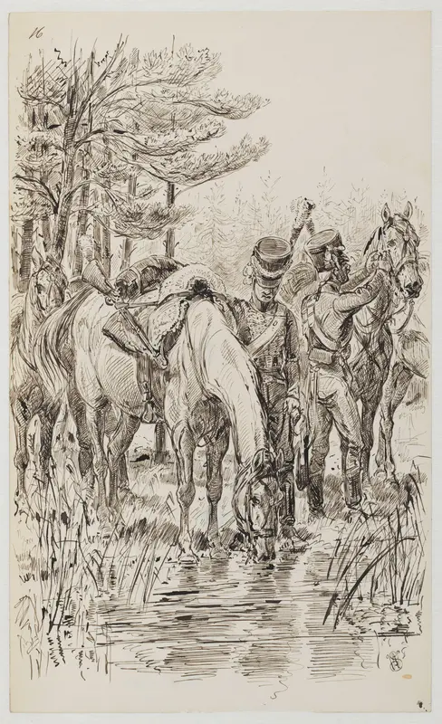 Lichte Dragonders die paarden laten drinken op de rust Wall Art by Willem Constantijn Staring - High-Resolution Digital Print