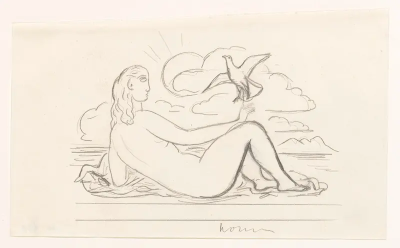 Liggend vrouwelijk naakt op het strand en een zeemeeuw Wall Art by Leo Gestel - High-Resolution Digital Print