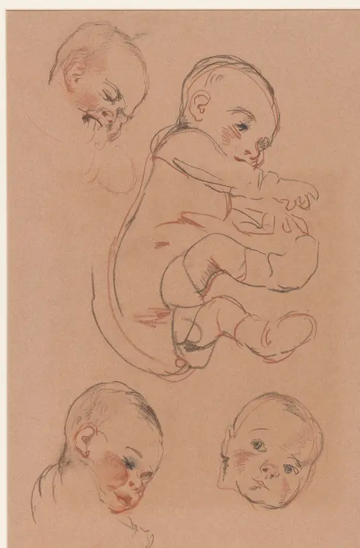 Liggende baby en drie hoofden van een baby Wall Art by Fik Abbing - High-Resolution Digital Print