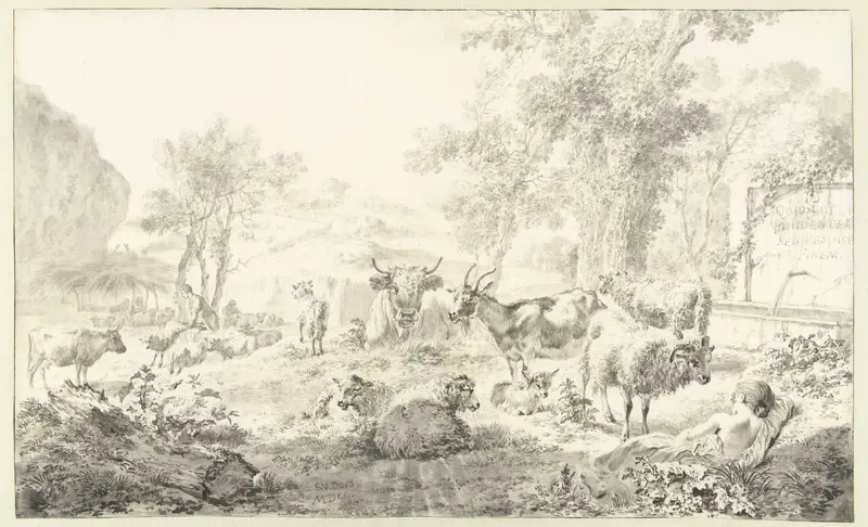 Liggende herderin met een kudde schapen en geiten Wall Art by Simon van der Does - High-Resolution Digital Print
