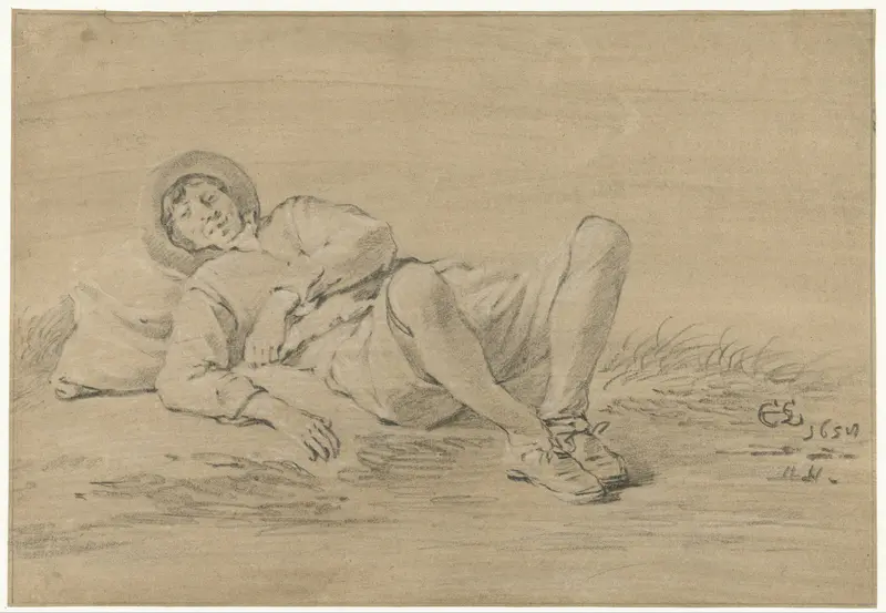 Liggende jongeman, zijn hoofd rustend op een zak Wall Art by Cornelis Saftleven - High-Resolution Digital Print