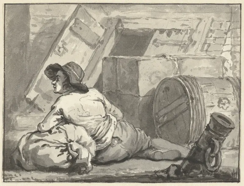 Liggende man, leunend op een zak Wall Art by Abraham van Strij (I) - High-Resolution Digital Print