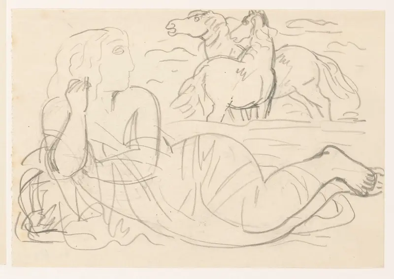 Liggende vrouw, met op de achtergrond twee paarden Wall Art by Leo Gestel - High-Resolution Digital Print