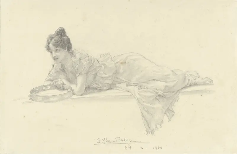 Liggende vrouw met tamboerijn Wall Art by Lourens Alma Tadema - High-Resolution Digital Print