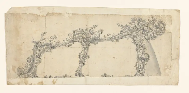 Linker gedeelte (afgesneden) van een rijtuig met figuren, bloemslingers en een verenbos Wall Art by anonymous - High-Resolution Digital Print