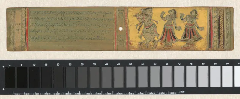 Links een fluitspelende figuur tegenover een dansende figuur; rechts vier dansende figuren in een rij naar links Wall Art by anonymous - High-Resolution Digital Print