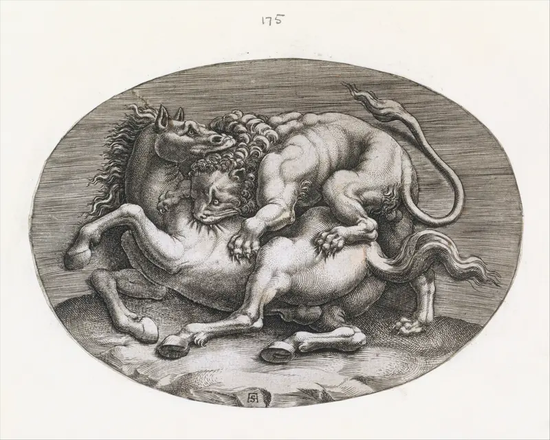Lion Attacking a Horse, from "Speculum Romanae Magnificentiae" Wall Art by Adamo (Ghisi) Scultori - High-Resolution Digital Print
