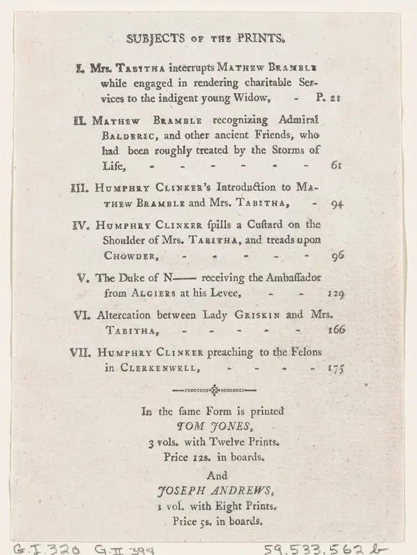 List of Plates I-VII, from Tobias Smollett's "The Expedition of Humphry Clinker" (London, 1793), Vol. 1 Wall Art by Thomas Rowlandson - High-Resolution Digital Print