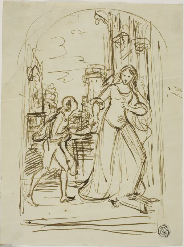 Literary Illustration: Medieval Lady with Page (recto); Sketches of Figures (verso) Wall Art by Unknown - High-Resolution Digital Print