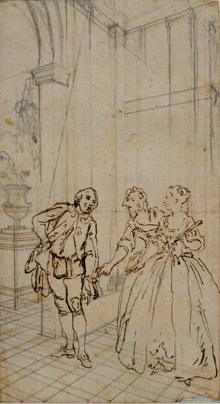 Literary Illustration with Gentleman and Two Ladies in Interior Wall Art by Hubert François Gravelot - High-Resolution Digital Print