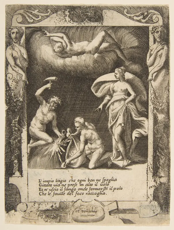 Litigium removed from the body of Chaos while his mother is thrown into the air, set within a frame, from "Loves, Rages and Jealousies of Juno" Wall Art by Giulio Bonasone - High-Resolution Digital Print