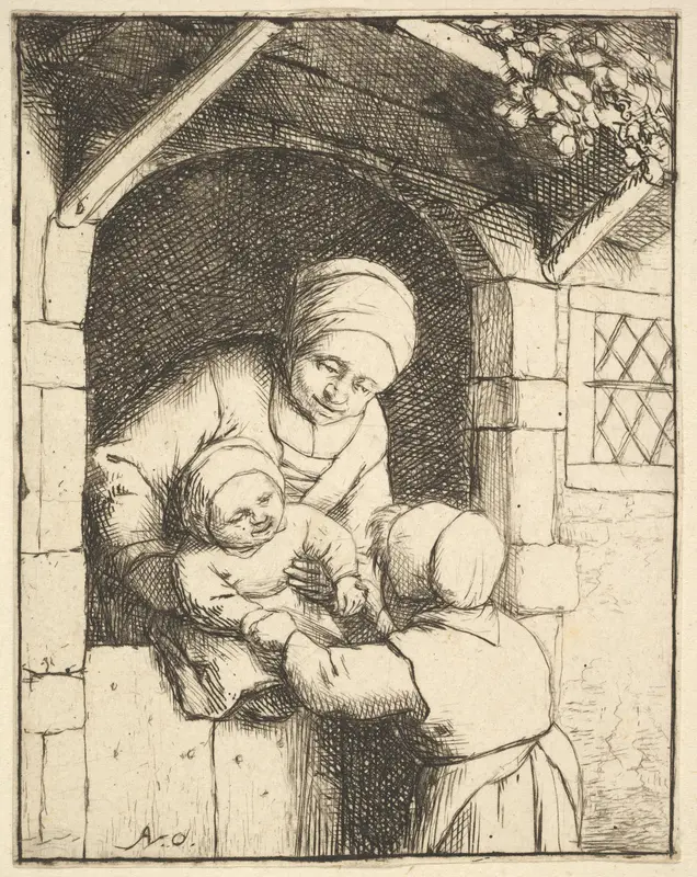 Little Girl Playing with a Baby in its Mother's Arms Wall Art by Adriaen van Ostade - High-Resolution Digital Print