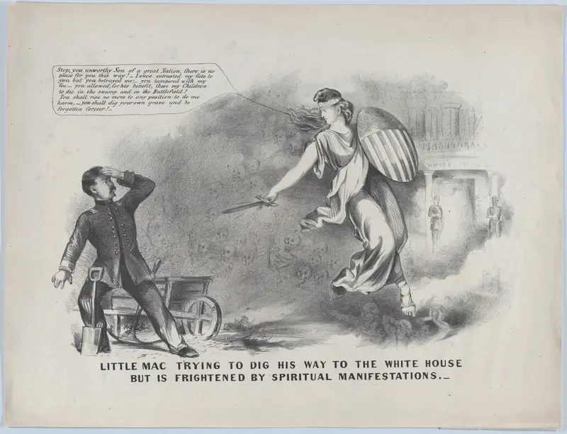 Little Mac Trying to Dig His Way to the White House, But is Frightened by Spiritual Manifestations Wall Art by Anonymous, American, 19th century - High-Resolution Digital Print