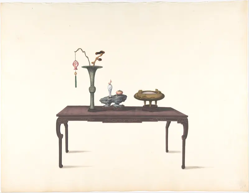 Long Dark Table with Decorative Objects Wall Art by Anonymous, Chinese, 19th century - High-Resolution Digital Print