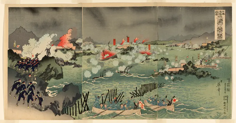 Long Live the Japanese Navy and Army! The Great Battle near Weihaiwei (Nihon kairiku banzai, Ikaiei fukin daigekisen no zu)