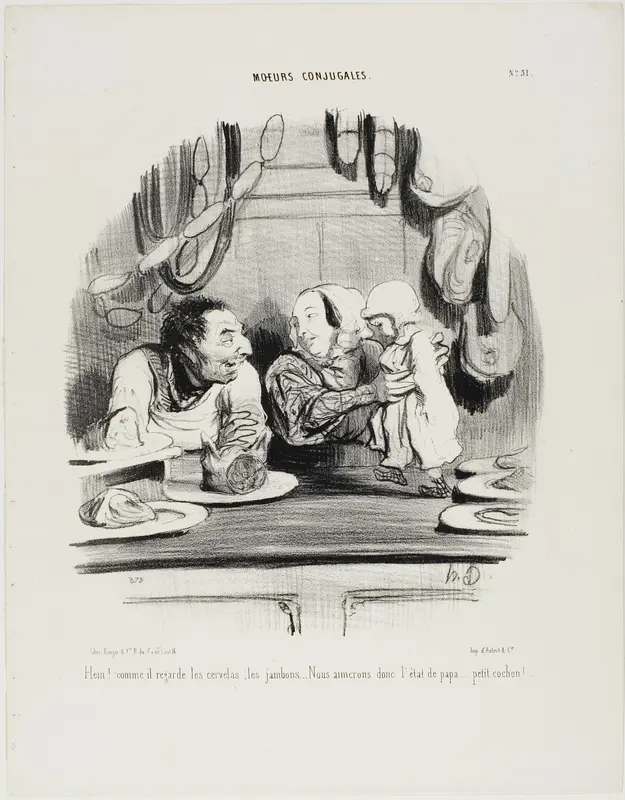 “Look! See how his eyes are on the saveloys and the ham.... it seems we like Papa's job?..... my little piglet!,” plate 51 from Moeurs Conjugales