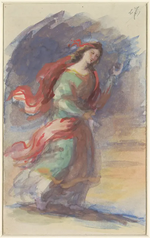 Lopende jonge vrouw, in kleurig, wapperend gewaad, tegen een donkere achtergrond Wall Art by Eduard von Heuss - High-Resolution Digital Print