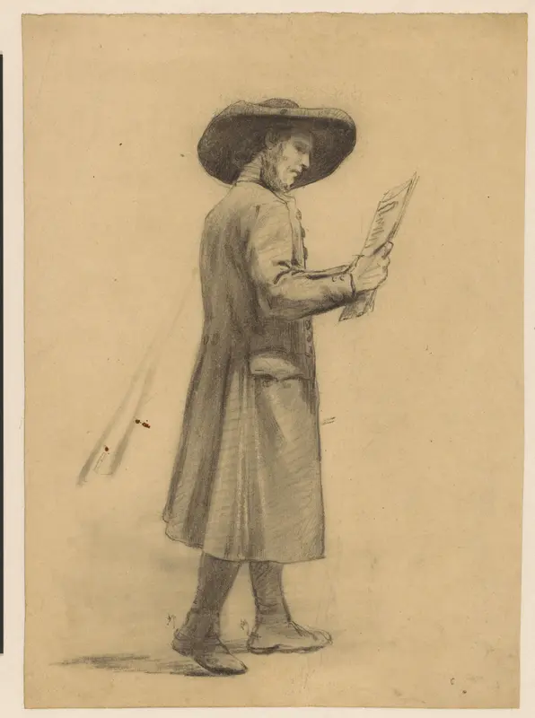 Lopende, lezende man met een grote hoed Wall Art by anonymous - High-Resolution Digital Print