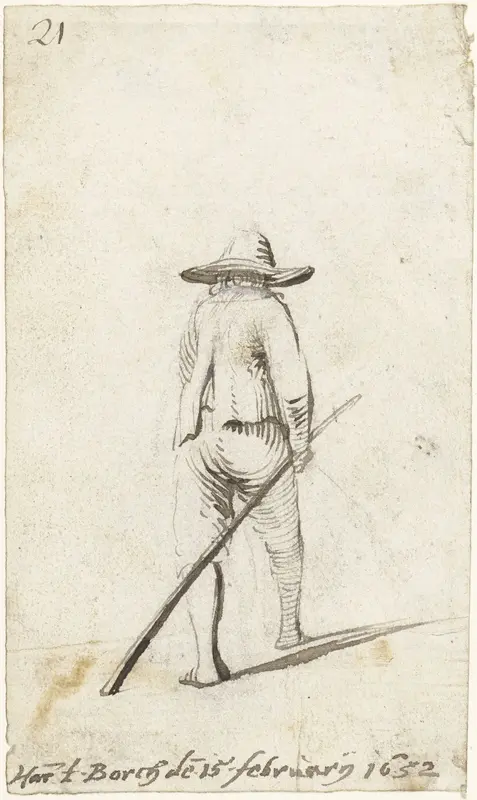 Lopende man met lange stok in zijn hand, van achteren Wall Art by Unknown - High-Resolution Digital Print