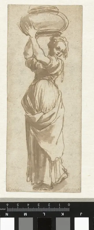 Lopende vrouw met een kom boven haar hoofd Wall Art by Cigoli - High-Resolution Digital Print