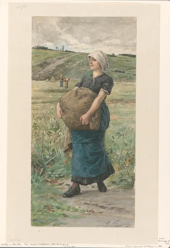 Lopende vrouw met zware zak Wall Art by Unknown - High-Resolution Digital Print
