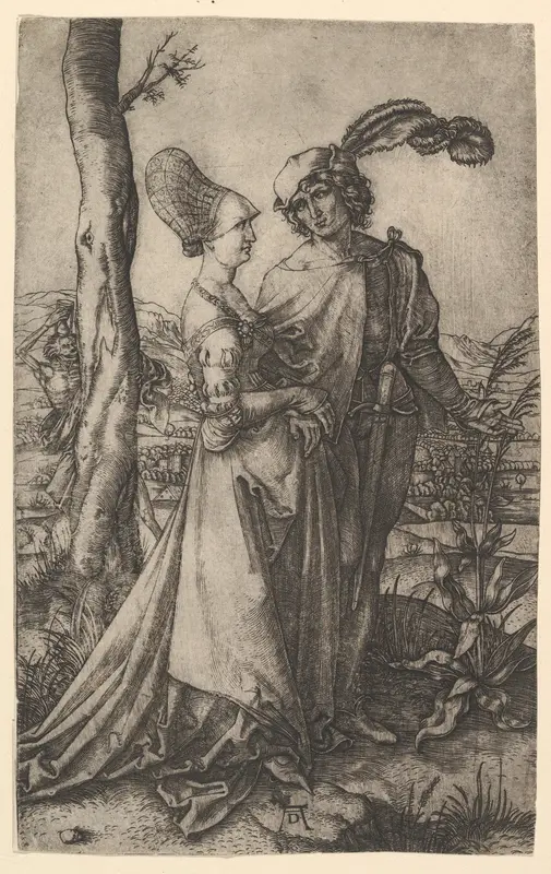 Lord and lady walking with figure of death hiding behind a tree, holding an hourglass, The Promenade after Dürer