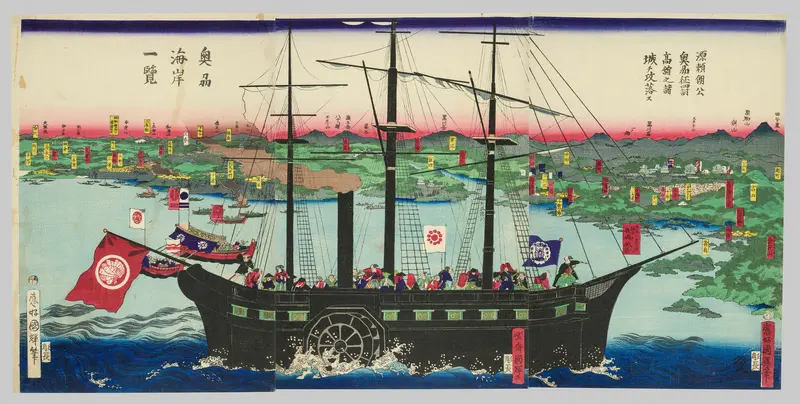 Lord Minamoto Yoritomo Captures Takadate Castle in His Conquest of Mutsu Province (Minamoto Yoritomo ko Oshu seibatsu Takadachi no shojo o koraku su), and View of the Coast of Mutsu Province (Oshu kaigan ichiran) Wall Art by Utagawa Kuniteru II (Kunitsuna II) - High-Resolution Digital Print