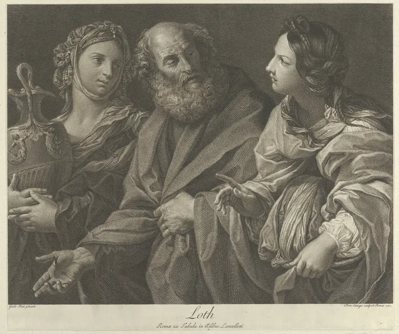 Lot flanked by his two daughters, one of them holding a decorated jug, after Reni Wall Art by Domenico Cunego - High-Resolution Digital Print