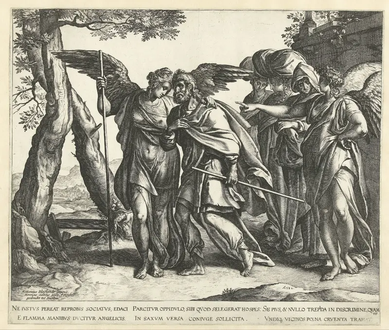 Lot ontvlucht Sodom met zijn vrouw en dochters Wall Art by Unknown - High-Resolution Digital Print