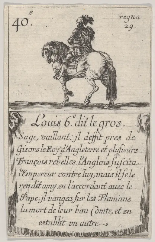 Louis 6.-e dit le gros / Sage, vaillant..., from "Game of the Kings of France" (Jeu des Rois de France) Wall Art by Stefano della Bella - High-Resolution Digital Print