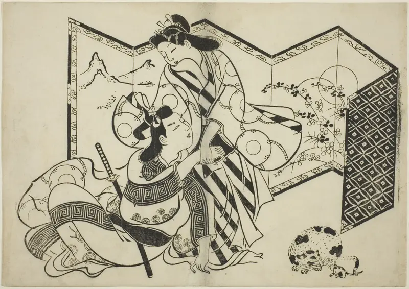 Lovers, a Cat, and a Mouse in front of a Folding Screen Wall Art by Sugimura Jihei - High-Resolution Digital Print