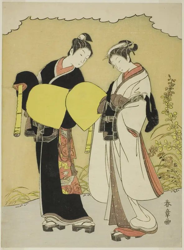 Lovers Dressed as Komuso Monks in an Autumn Landscape Wall Art by Katsukawa Shunsho - High-Resolution Digital Print