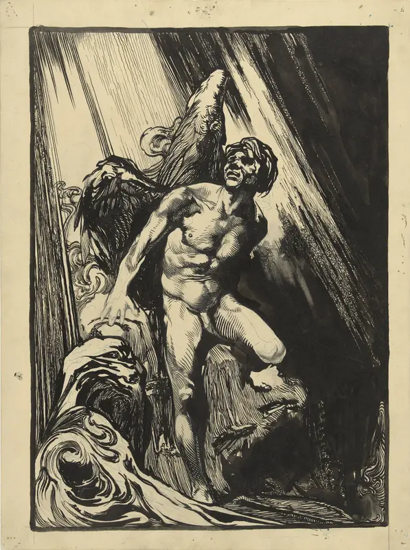 Lucifer in een rotslandschap bij een stroom, opziend naar het licht Wall Art by Johannes Josephus Aarts - High-Resolution Digital Print