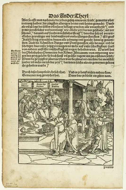 Lucius Mutius, Scipio Africanus, and Paulus Aemilius (recto) Battle Scene (verso) from Officia M.T.C., plate 23 from Woodcuts from Books of the XVI Century Wall Art by Hans Weiditz, II - High-Resolution Digital Print