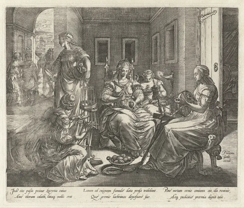 Lucretia en haar dienstmaagden bij het spinnen Wall Art by Hendrick Goltzius - High-Resolution Digital Print